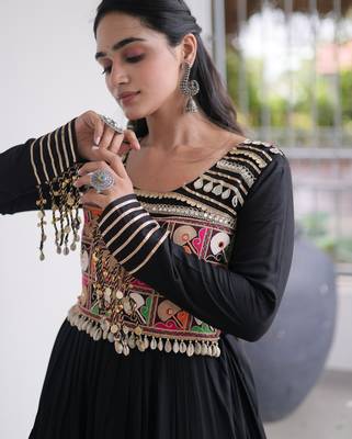 Black rayon kutchi gamthi thread embroidered mirror work  flair gown 4
