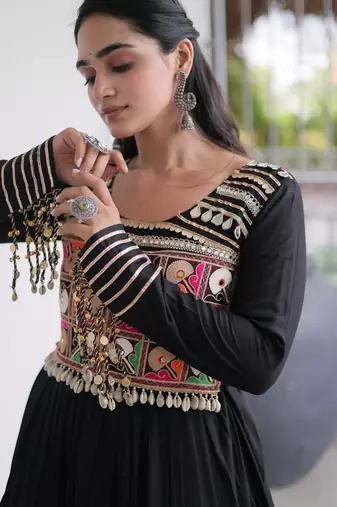 Black rayon kutchi gamthi thread embroidered mirror work  flair gown