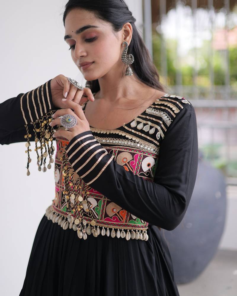 Black rayon kutchi gamthi thread embroidered mirror work  flair gown
