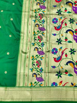 green zari woven paithani silk blend  traditional saree with beads embroidery blouse piece 3