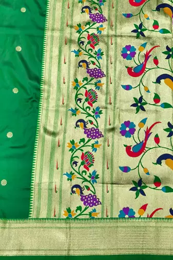 green zari woven paithani silk blend  traditional saree with beads embroidery blouse piece