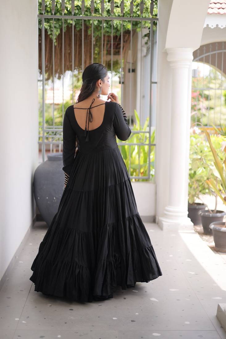 Black rayon kutchi gamthi thread embroidered mirror work  flair gown