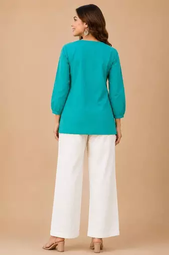 Sky embroidered short tunic kurti with off-white bottom set
