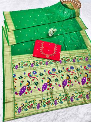 green zari woven paithani silk blend  traditional saree with beads embroidery blouse piece 5