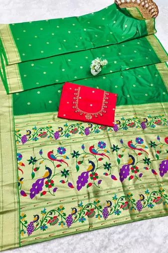green zari woven paithani silk blend  traditional saree with beads embroidery blouse piece