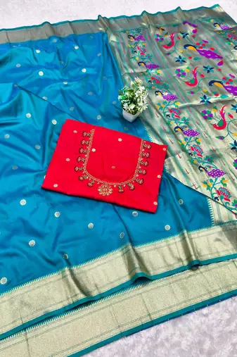 rama zari woven paithani silk blend  traditional saree with beads embroidery blouse piece