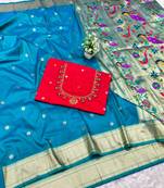 rama zari woven paithani silk blend  traditional saree with beads embroidery blouse piece
