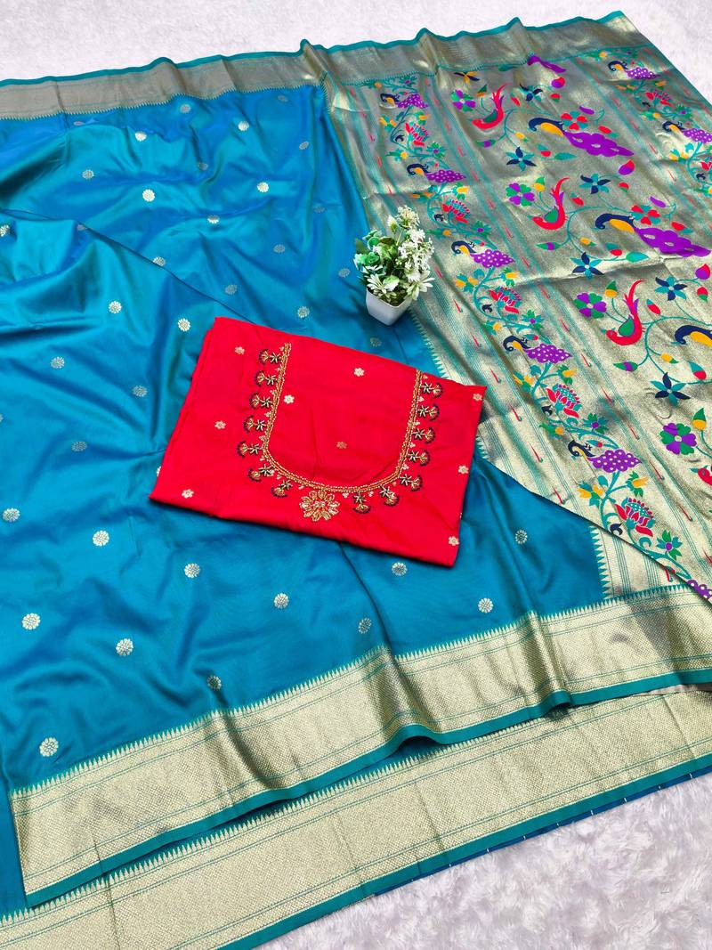 rama zari woven paithani silk blend  traditional saree with beads embroidery blouse piece