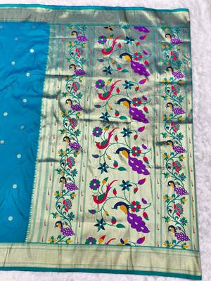 rama zari woven paithani silk blend  traditional saree with beads embroidery blouse piece 2