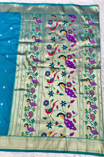 rama zari woven paithani silk blend  traditional saree with beads embroidery blouse piece