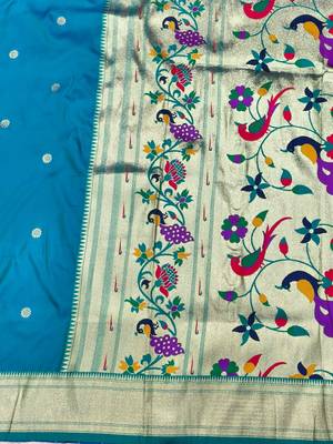 rama zari woven paithani silk blend  traditional saree with beads embroidery blouse piece 3
