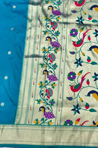 rama zari woven paithani silk blend  traditional saree with beads embroidery blouse piece
