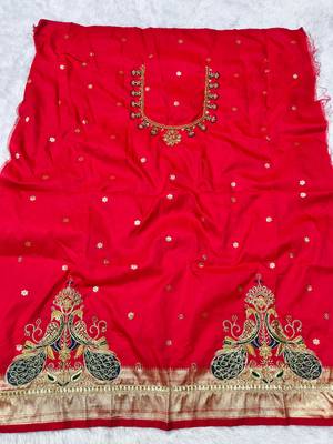 rama zari woven paithani silk blend  traditional saree with beads embroidery blouse piece 4