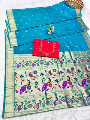 rama zari woven paithani silk blend  traditional saree with beads embroidery blouse piece 5