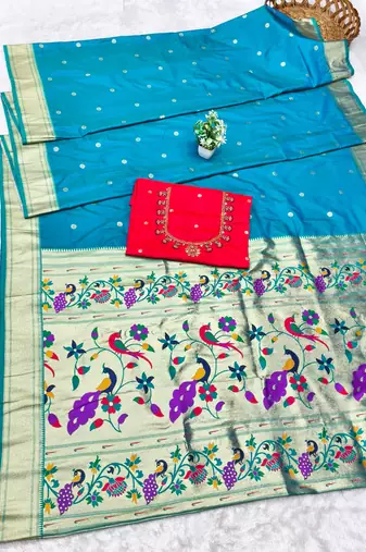 rama zari woven paithani silk blend  traditional saree with beads embroidery blouse piece