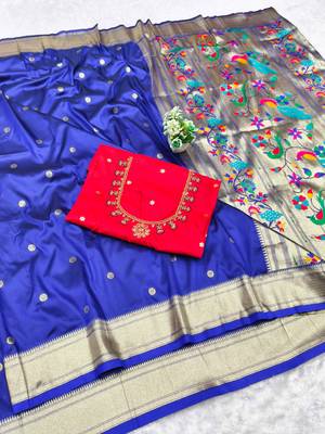 navy blue zari woven paithani silk blend  traditional saree with beads embroidery blouse piece 1