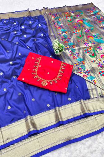 navy blue zari woven paithani silk blend  traditional saree with beads embroidery blouse piece