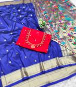 navy blue zari woven paithani silk blend  traditional saree with beads embroidery blouse piece