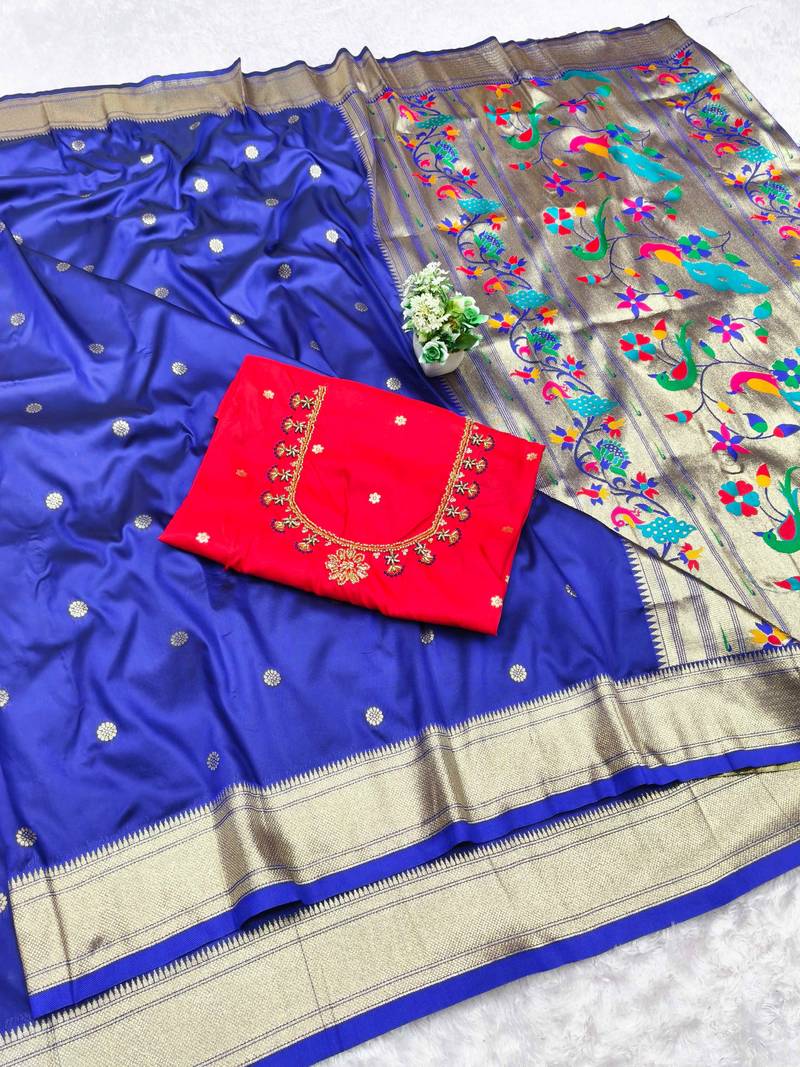 navy blue zari woven paithani silk blend  traditional saree with beads embroidery blouse piece