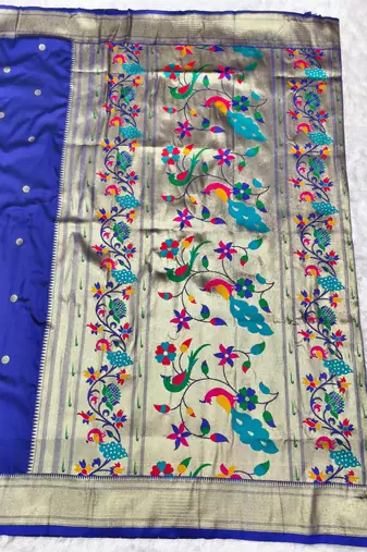 navy blue zari woven paithani silk blend  traditional saree with beads embroidery blouse piece