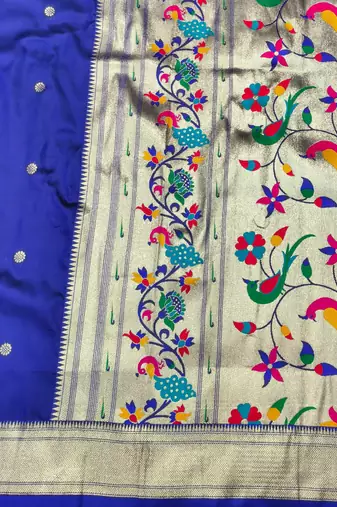 navy blue zari woven paithani silk blend  traditional saree with beads embroidery blouse piece