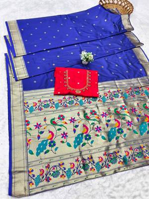 navy blue zari woven paithani silk blend  traditional saree with beads embroidery blouse piece 5