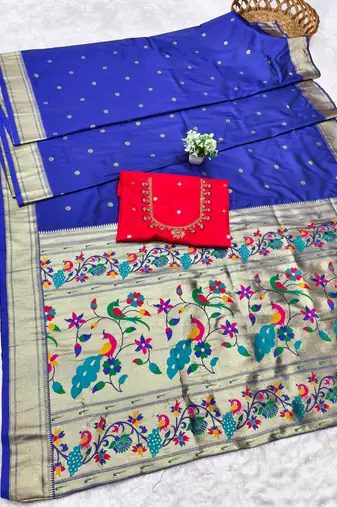 navy blue zari woven paithani silk blend  traditional saree with beads embroidery blouse piece