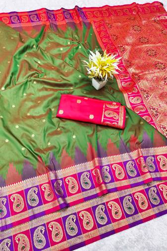 mehendi zari woven banarasi silk blend traditional saree with blouse piece
