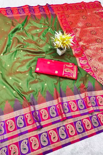 mehendi zari woven banarasi silk blend traditional saree with blouse piece