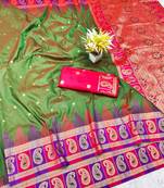 mehendi zari woven banarasi silk blend traditional saree with blouse piece