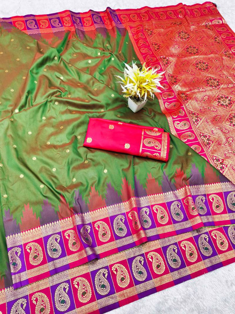 mehendi zari woven banarasi silk blend traditional saree with blouse piece