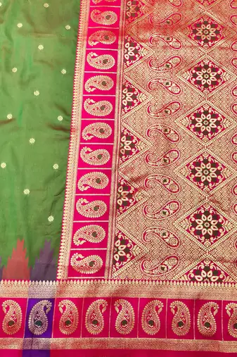 mehendi zari woven banarasi silk blend traditional saree with blouse piece
