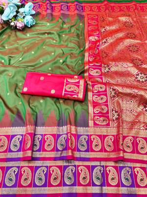 mehendi zari woven banarasi silk blend traditional saree with blouse piece 5