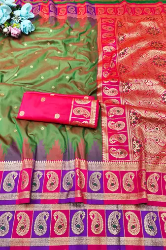 mehendi zari woven banarasi silk blend traditional saree with blouse piece