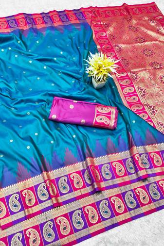 rama zari woven banarasi silk blend traditional saree with blouse piece