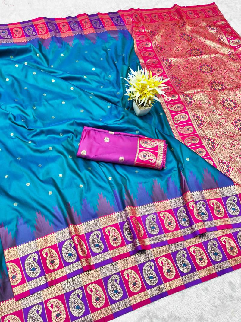 rama zari woven banarasi silk blend traditional saree with blouse piece