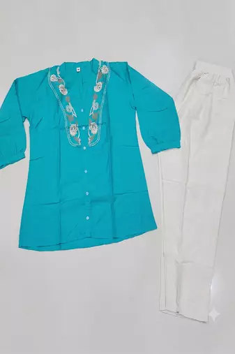 Sky embroidered short tunic kurti with off-white bottom set