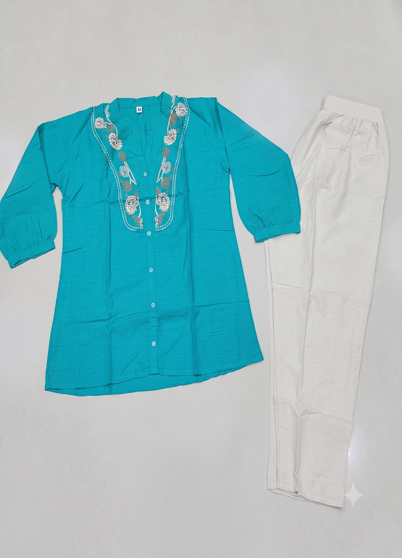 Sky embroidered short tunic kurti with off-white bottom set