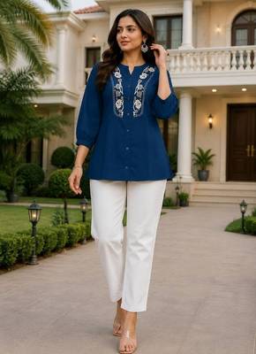 Teal embroidered short tunic kurti with off-white bottom set 1