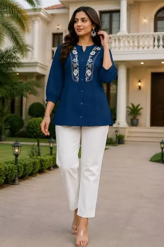 Teal embroidered short tunic kurti with off-white bottom set