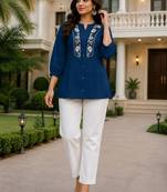 Teal embroidered short tunic kurti with off-white bottom set