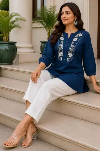 Teal embroidered short tunic kurti with off-white bottom set