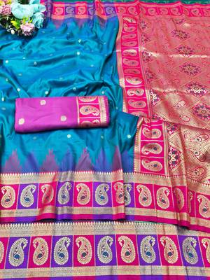 rama zari woven banarasi silk blend traditional saree with blouse piece 5