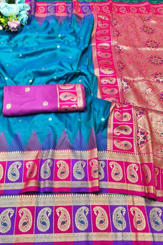 rama zari woven banarasi silk blend traditional saree with blouse piece