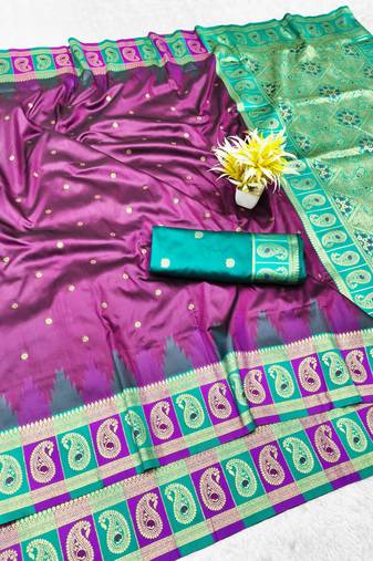 wine zari woven banarasi silk blend traditional saree with blouse piece