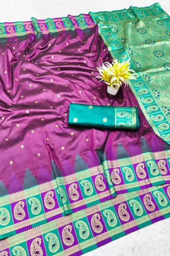 wine zari woven banarasi silk blend traditional saree with blouse piece