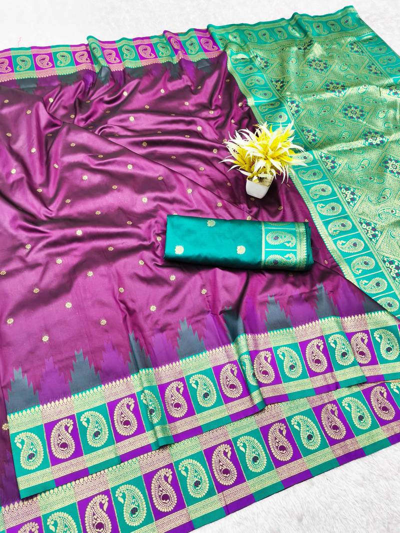 wine zari woven banarasi silk blend traditional saree with blouse piece