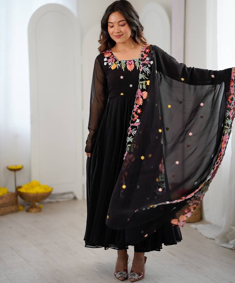 Black Color Designer Anarkali Gown Suit Set Festival Wear Suit Set