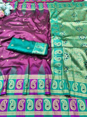 wine zari woven banarasi silk blend traditional saree with blouse piece 5