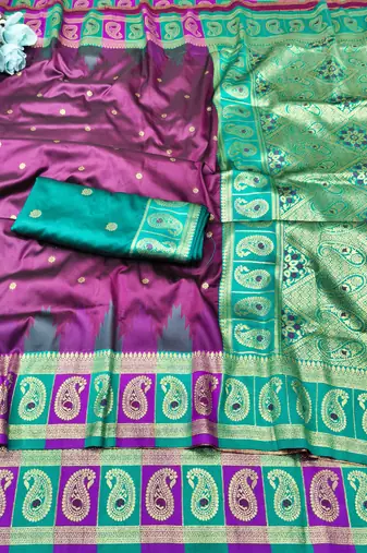 wine zari woven banarasi silk blend traditional saree with blouse piece
